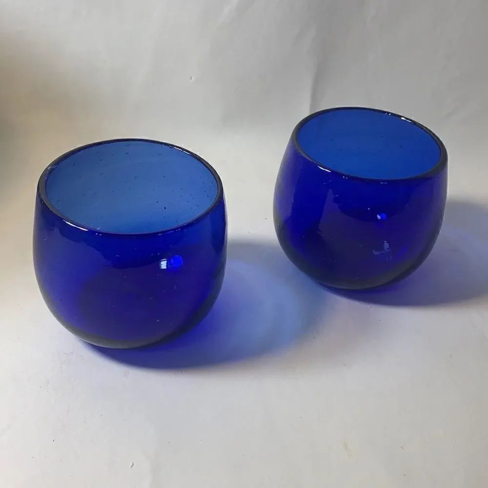 Cobalt Blue Hand Blown Vintage Glass Votive Candle Holder Set Of 2 Home Bar Used
